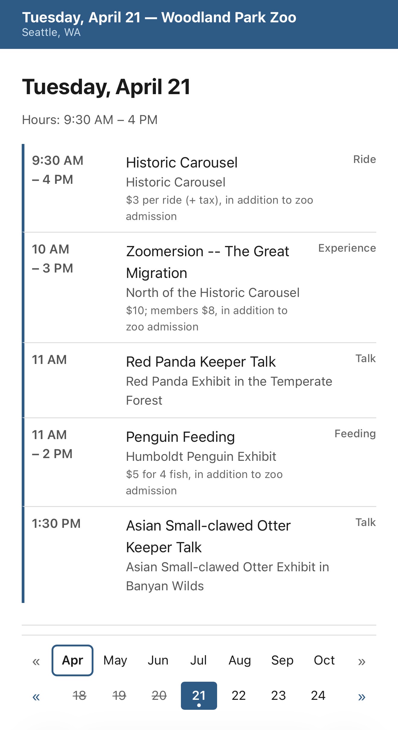 Placeholder screenshot of the Daily view, showing one day&rsquo;s opening hours and scheduled events in sequence.