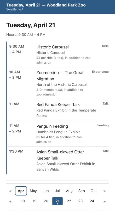 Placeholder screenshot of the Daily view, showing one day’s opening hours and scheduled events in sequence.