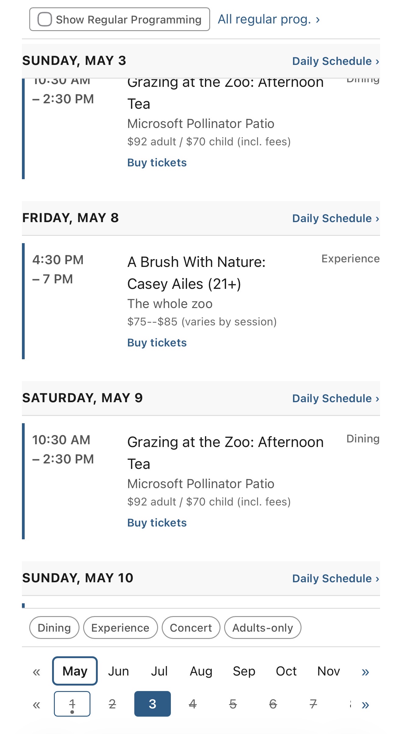 Screenshot of the Full Calendar view, listing events grouped by date with category filters.