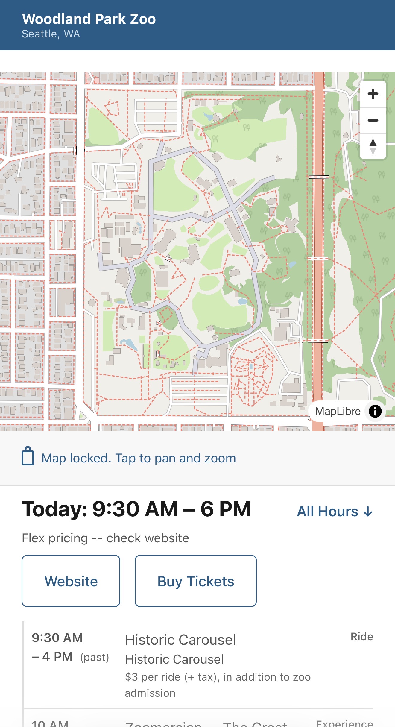 Screenshot of a zoo's overview page showing the zoo's map, today's open hours, and the day's first scheduled events.