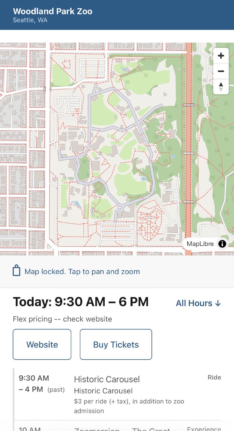 Screenshot of a zoo's overview page showing the zoo's map, today's open hours, and the day's first scheduled events.